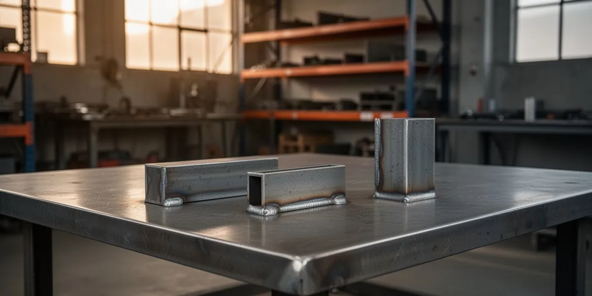Three small welded steel offcuts on a brushed steel workbench in a softly lit workshop, with shelves and windows blurred in the background.