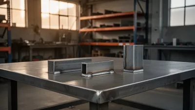 Three small welded steel offcuts on a brushed steel workbench in a softly lit workshop, with shelves and windows blurred in the background.